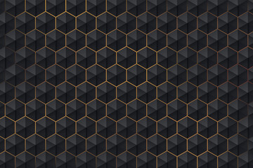 Abstract 3d dark hexagon pattern on golden light background luxury style. Modern futuristic geometric shape web banner design. You can use for cover template, poster, flyer, print ad. Vector EPS10