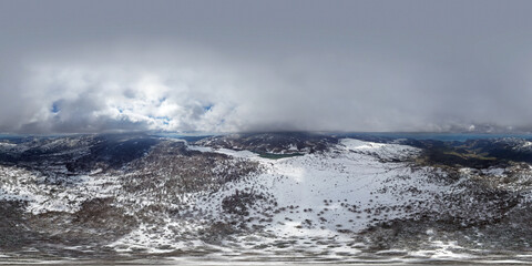 360 degree virtual reality panorama of Lake Biviere immersed in the beautiful beech forest of Monte Soro in winter on Nebrodi, Sicily, Italy. Natural lake with views of Mount Etna and the sea. Sicily.