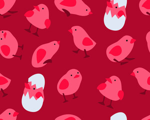 Chicks Set Characters Seamless Pattern on Red Background  with Chickens Childrens Easter Doodle Cheerful Playful Seamless Pattern isolated Vector Illustration
