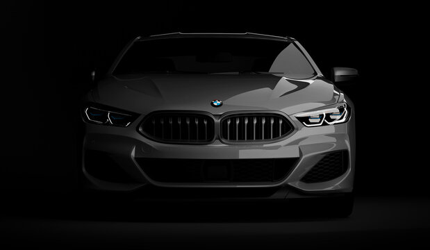 Kazakhstan, Almaty - January 20, 2020: All-new BMW 8 Series Coupe on dark background. 3d render