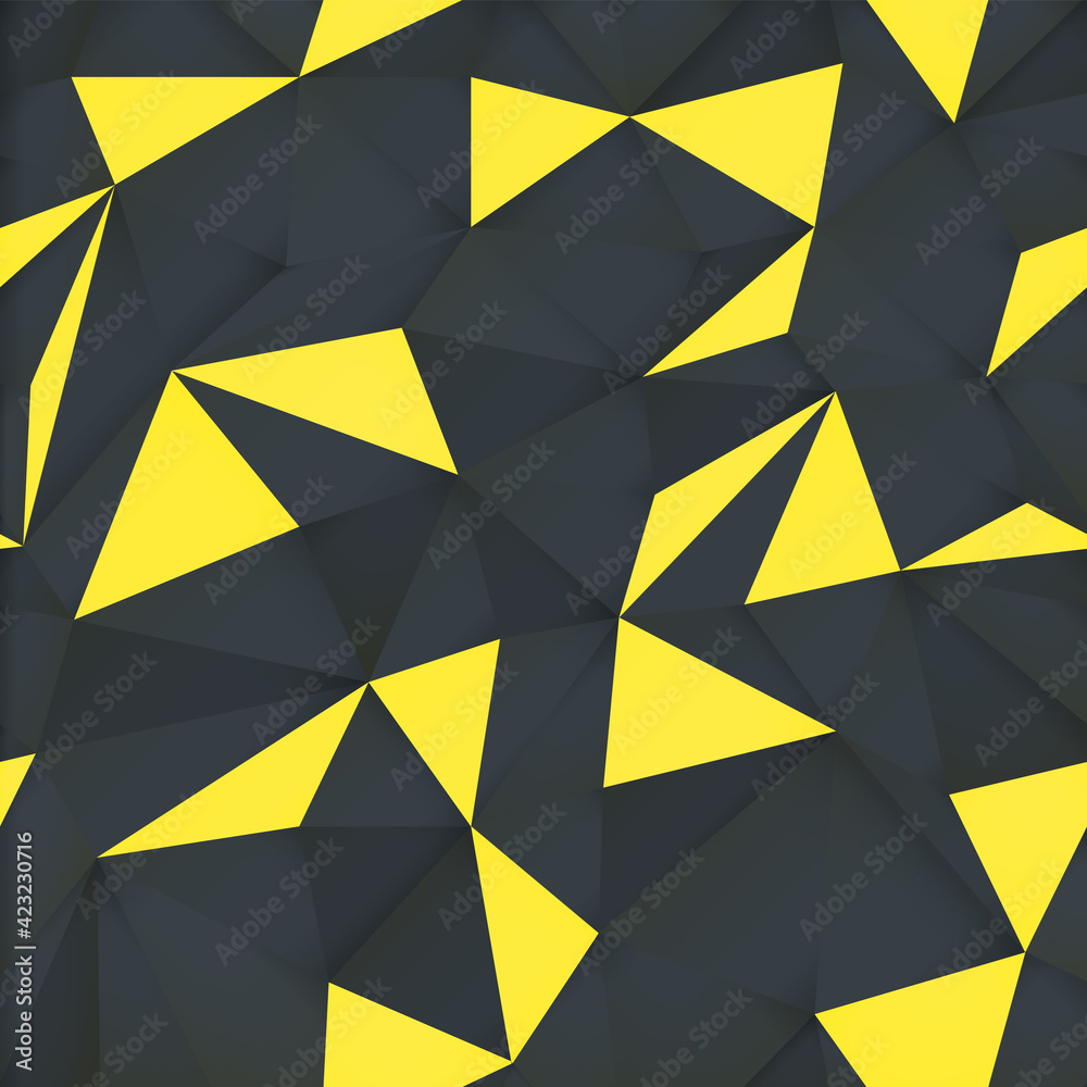 Poster Yellow triangle pattern, on dark background with light effect. Vector design texture.