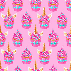 Festive unicorn fairy cakes with gold horn and pink cupcakes . Seamless pattern. Texture for fabric, wrapping, wallpaper, birthday and other holiday decorative print.