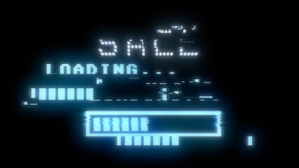 The words Sale, Loading, and a progress bar, cyan dot-matrix characters and pixels, with a heavy intentional glitch distortion effect. Glowing broken screen.
