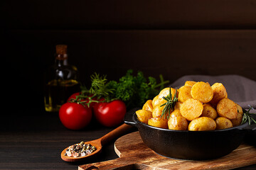 Fried young potatoes, in a cast iron skillet, on a wooden background, top view, horizontal,