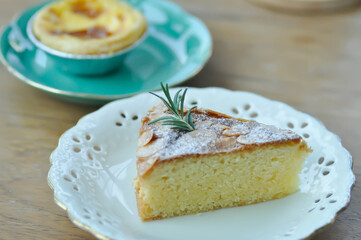 almond cake, cake or vanilla cake and egg tart