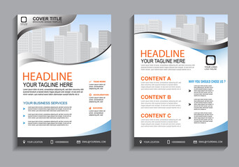 Business flyer layout template in A4  size. Modern Brochure template cover design, annual report, poster with blue wavy lines for business promotion on white background, vector illustration
