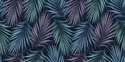 Fototapeta na wymiar Tropical exotic luxury seamless pattern with blue, purple, green palm leaves on dark background. Hand-drawn vintage textured illustration. Good for wallpapers, wrapping paper, cloth, fabric printing