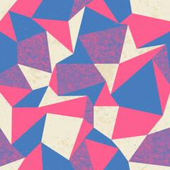 Pink and blue triangles. Geometric seamless pattern in retro style. Vintage background.