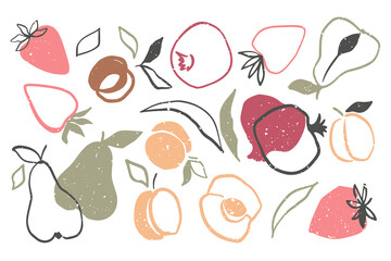 Collection of abstract drawings with fruits - strawberry, pear, apricot and pomegranate. Set of vector illustrations with contemporary abstract natural shapes