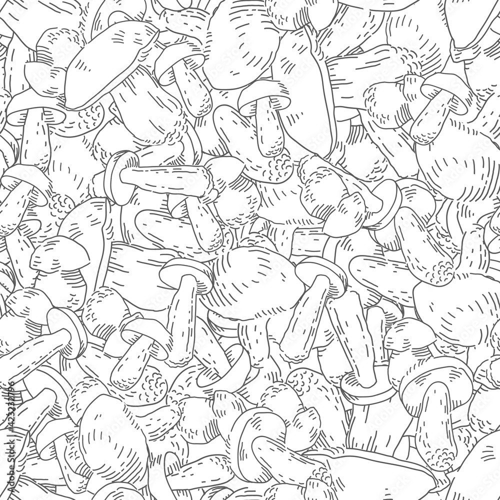 Poster many mushrooms linear seamless pattern. natural food theme vector background