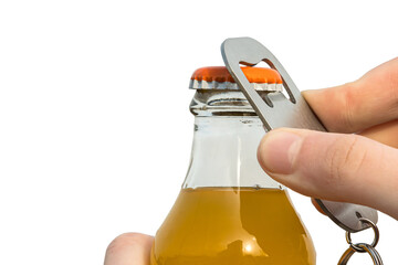 Man with hand using bottle opener opens glass bottle with drink on white isolated background
