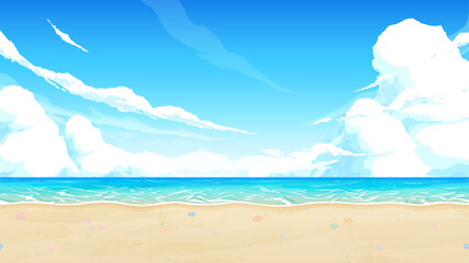 海と砂浜と空の風景イラスト 太陽の日差し 16 9 Wall Mural ふわぷか