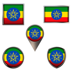 Various flags of the Federal Democratic Republic of Ethiopia. Realistic national flag in point circle square rectangle and shield metallic icon set. Patriotic 3d rendering symbols isolated on white ba