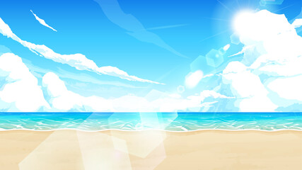 Fototapeta na wymiar 海と砂浜と空の風景イラスト_太陽の日差し_16:9