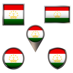 Various flags of the Republic of Tajikistan. Realistic national flag in point circle square rectangle and shield metallic icon set. Patriotic 3d rendering symbols isolated on white background.