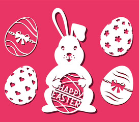 Bunny holds Easter Egg. Easter bunny for laser cutting on red background. Icons for greeting card. Vector illustration. Happy Easter inscription