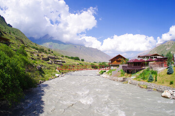 Mountain river Cherek in the village of Verkhnyaya Balkaria