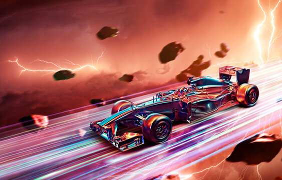 3D Render Illustration EV Super Sport Racing Car With Thunder Storm Lighting Effect Background