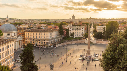Naklejka premium Rome. View toward the Piazza del Popolo and Saint Peter's at sunset from the Pincio.