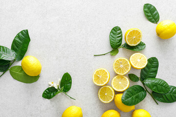 Lemons. Fresh juicy lemons with leaves on white background