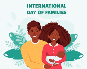 Happy black family with newborn baby. International Day of families.  African american family. Vector illustration