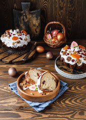 Easter cake with Easter eggs on rustic background. Christ is risen