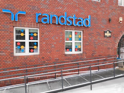 BYTOM, POLAND - FEBRUARY 13, 2021: Randstad office in Bytom, Poland. Randstad NV is a Dutch multinational human resources consulting company.