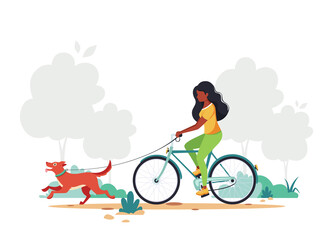 Naklejka premium Black woman riding bike with dog in park. Healthy lifestyle, outdoor activity concept. Vector illustration.