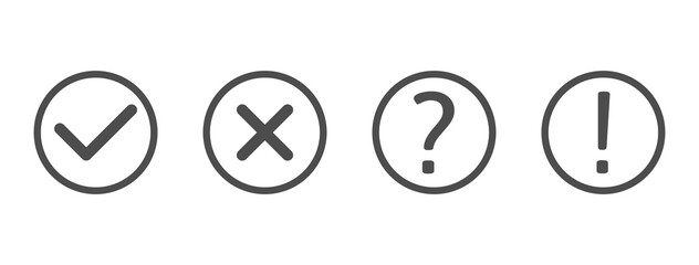 Check and cross marks set. Exclamation and question mark line art icons. Black tick and cross in circle shape. Quiz. YES or NO symbol. Concept of checklist, reject or accept. Vector illustration