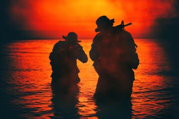 Commando soldiers walking in water, army special operations forces fighters sneaking in darkness,...