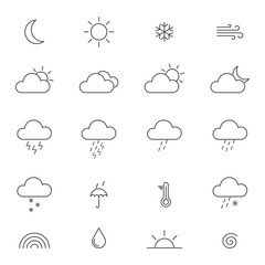 Weather line art icons set. Collection of thin modern symbols of weather. Sun, rain, moon, cloud, cold, snow, wind, fog templates. Outline meteorology shapes. Vector illustration