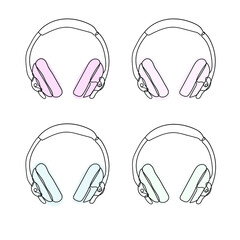 Headphones music and technology symbols Vector illustration isolated on white background. Continuous line drawing of earphone. Set