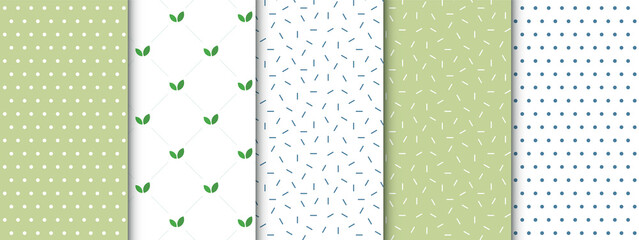 Set of bright seamless patterns of sprinkles, leaves and polka dots in green and blue colors