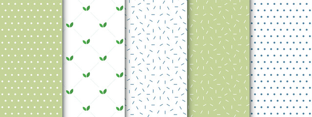 Set of bright seamless patterns of sprinkles, leaves and polka dots in green and blue colors © Paperwhite Box