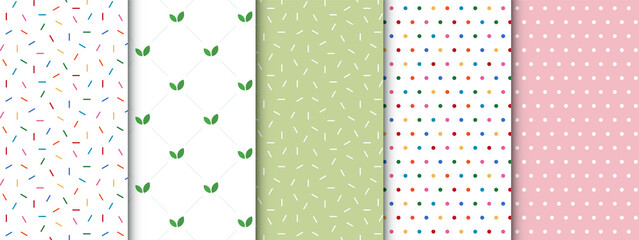 Set of bright colorful seamless patterns of confetti sprinkles, leaves and polka dots © Paperwhite Box