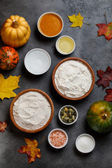 Ingredients for pumpkin bread recipe: flour, yeast, water, salt, pumpkin puree, vegetable oil, pumpkin seeds, sugar. Pumpkin bread recipe.