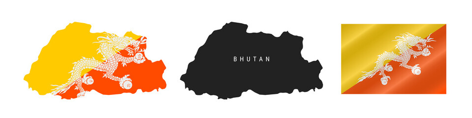 Bhutan. Detailed flag map. Detailed silhouette. Waving flag. Vector illustration