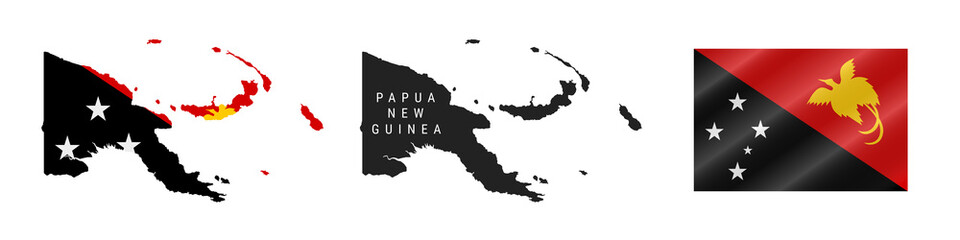 Papua New Guinea. Detailed flag map. Detailed silhouette. Waving flag. Vector illustration