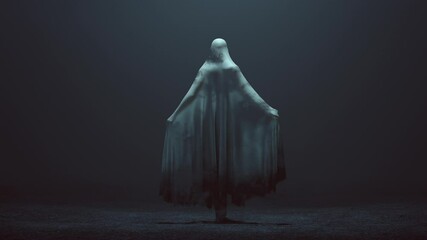Standing Evil Spirit Ghost with one Knee Raised and Arms Out in a Death Shroud in a Foggy Void Back View 3d Illustration animation