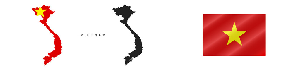 Vietnam. Detailed flag map. Detailed silhouette. Waving flag. Vector illustration