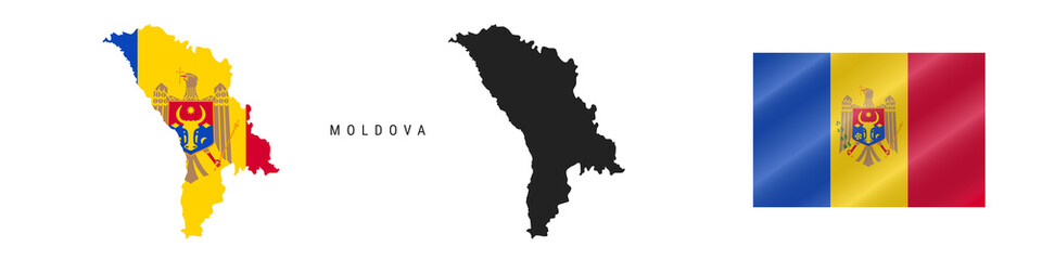 Moldova. Detailed flag map. Detailed silhouette. Waving flag. Vector illustration