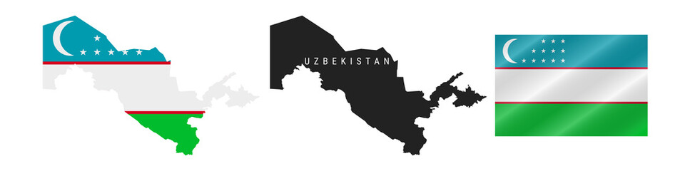 Uzbekistan. Detailed flag map. Detailed silhouette. Waving flag. Vector illustration