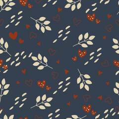 Seamless pattern with white leaves and red hearts.  Flat vector print for textile, fabric, giftwrap, wallpapers. Endless illustration.