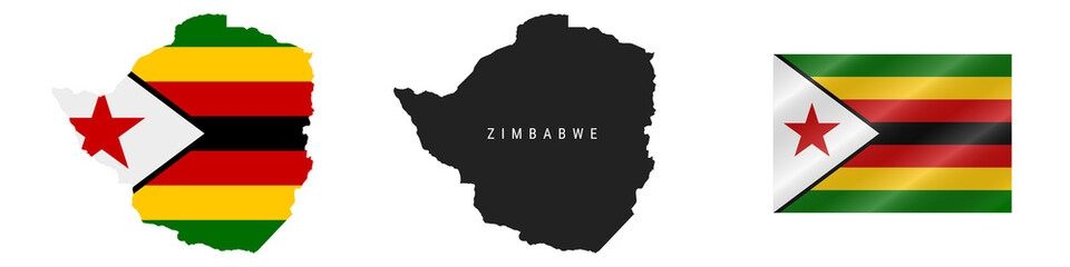 Zimbabwe. Detailed flag map. Detailed silhouette. Waving flag. Vector illustration