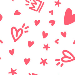 Hearts, stars, crowns and diamond doodles seamless pattern. Cute hand drawn background texture.