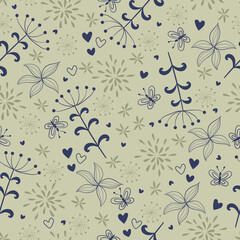 Summer, nature. Seamless pattern with cute decorative flowers, leaves and herbs painted by hand. 