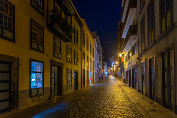 Night view of beautiful traditional houses on the main street in the center of Santa Cruz de la Palma, Canary islands, Spain © dudlajzov