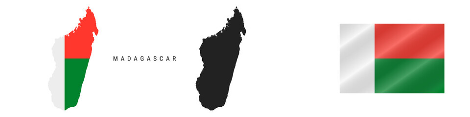 Madagascar. Detailed flag map. Detailed silhouette. Waving flag. Vector illustration