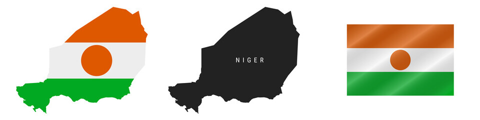 Niger. Detailed flag map. Detailed silhouette. Waving flag. Vector illustration