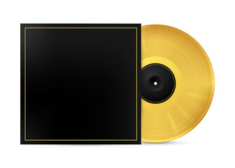 Golden musical vinyl record in an envelope. Vector image on white background